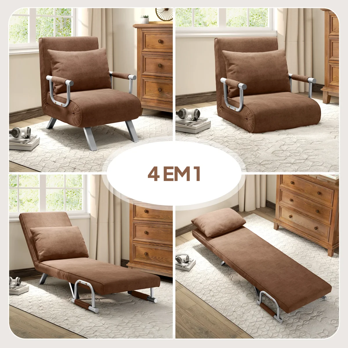Sofá Cama Individual Poltrona Cama Individual Sofá Reclinável com Almofada para Sala Quarto Escritório Carga 100 kg 65x69x80 cm Marrom - Image 6