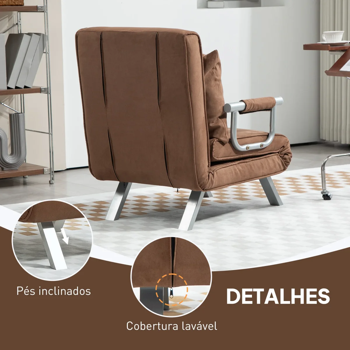 Sofá Cama Individual Poltrona Cama Individual Sofá Reclinável com Almofada para Sala Quarto Escritório Carga 100 kg 65x69x80 cm Marrom - Image 8