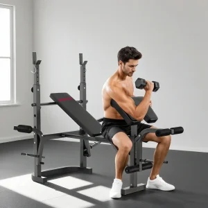 Banco de Musculação Multifuncional Inclinável Banco de Pesos com Suporte para Barra Ajustável Extensão de Pernas Curl e Borboleta para Treino em Casa e Ginásio 106x155x202 cm Preto