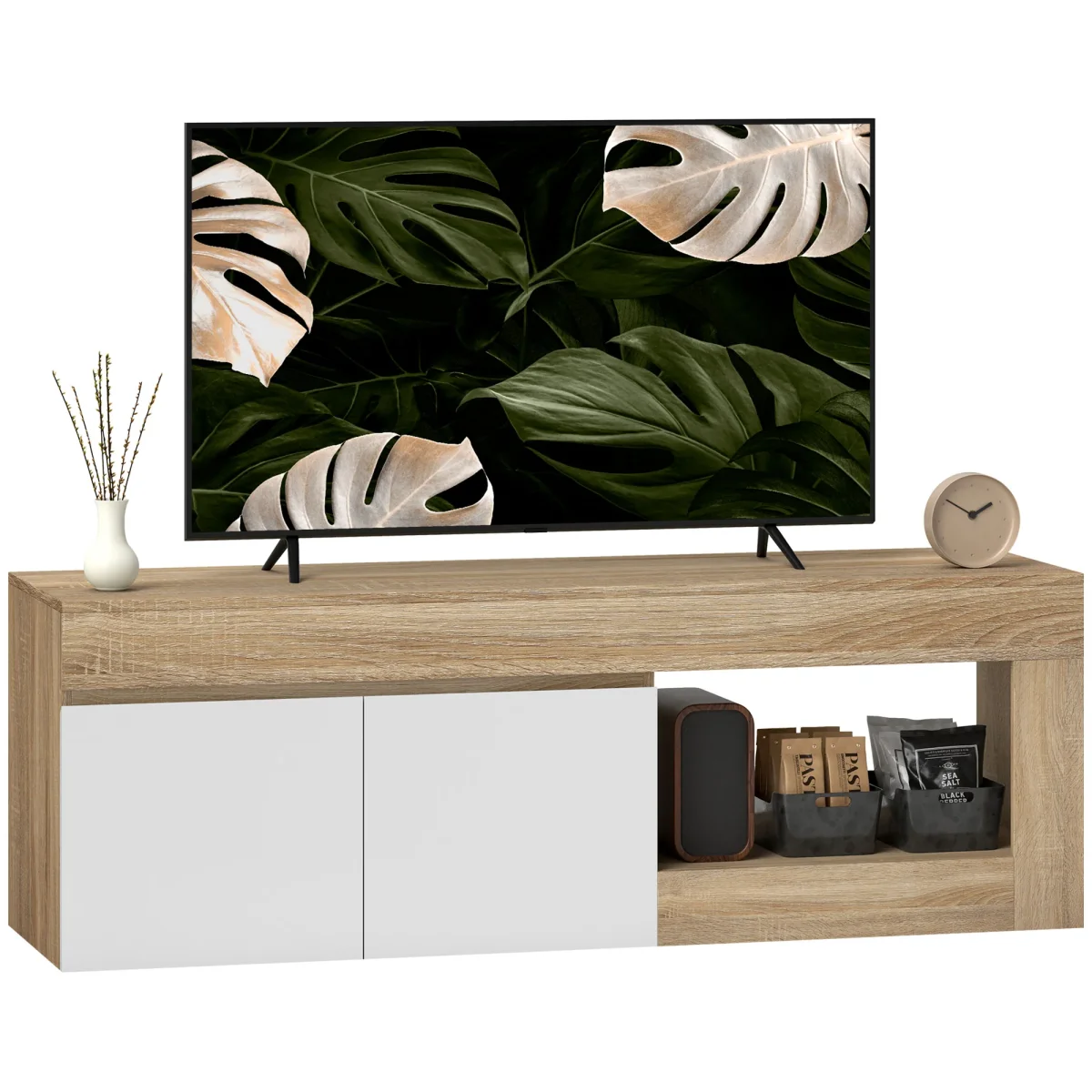 Móvel de TV Mobiliário de TV com 2 Portas Prateleira Aberta Móvel de TV de Sala de Estar para Televisóres de 60 Polegadas 140x40x48 cm Branco e Madeira - Image 3