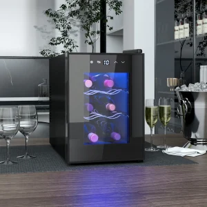Cave de Vinho para 6 Garrafas com Luz LED Interior Ecrã Tátil Digital Controlo de Temperatura Porta de Vidro Temperado com Proteção UV e 2 Prateleiras Ajustáveis 26,5x51,5x39,3 cm Preto