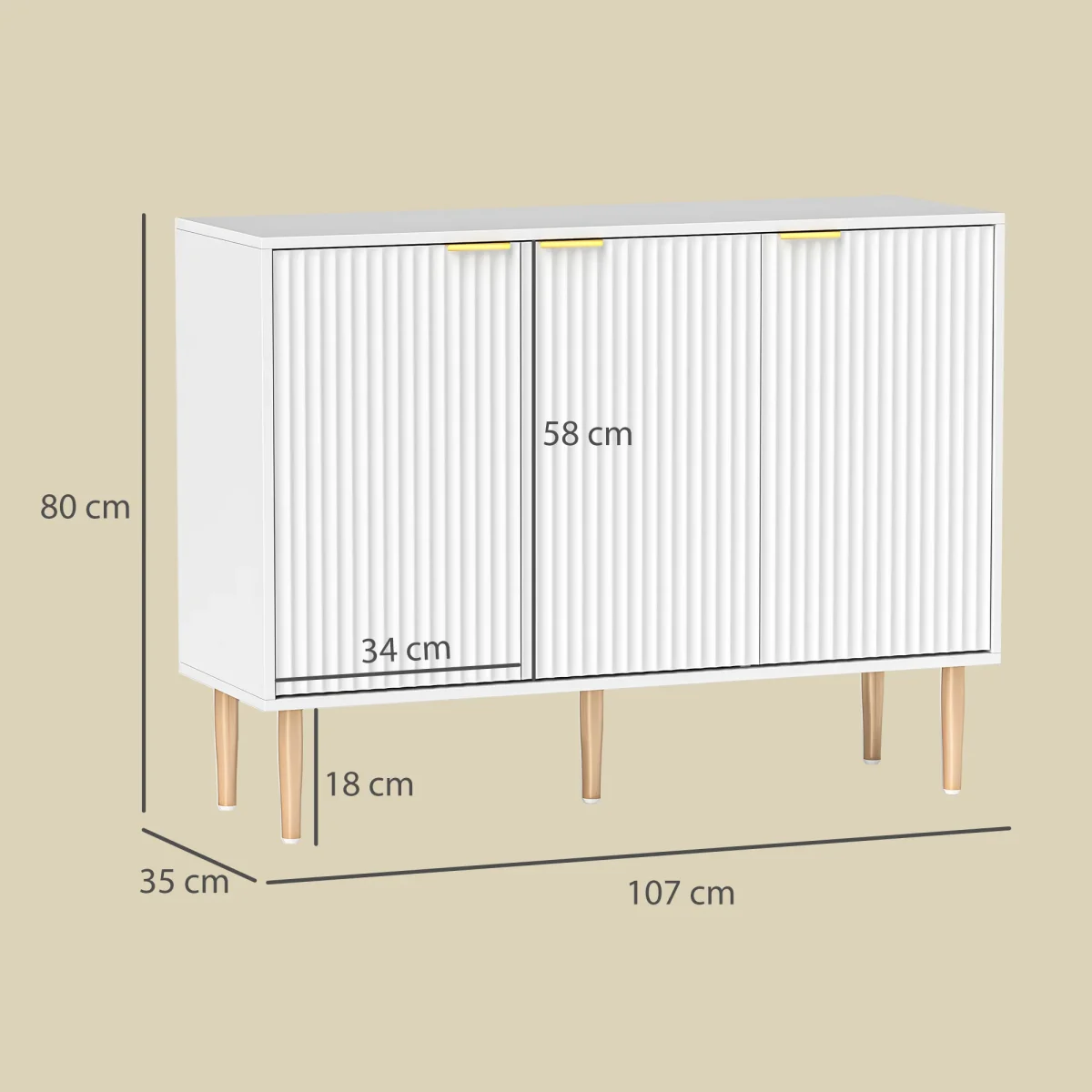 Aparador de 3 Portas Estriadas Aparador de Sala de Estar com Prateleira Ajustável Móvel para TV para Quarto Sala de Estar 107x35x80 cm Branco - Image 4