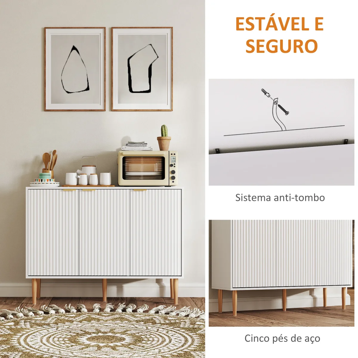 Aparador de 3 Portas Estriadas Aparador de Sala de Estar com Prateleira Ajustável Móvel para TV para Quarto Sala de Estar 107x35x80 cm Branco - Image 9