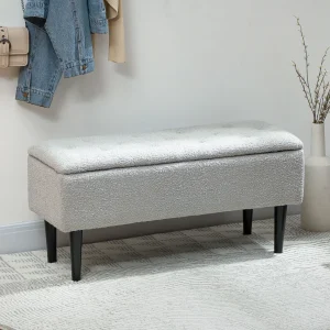Banco de Armazenamento Dormitório Banco de Armazenamento Capacidade 47L Tampa Abatível e Pés de Madeira de Borracha Carga Máxima 120 kg 95x38x45 cm Cinza