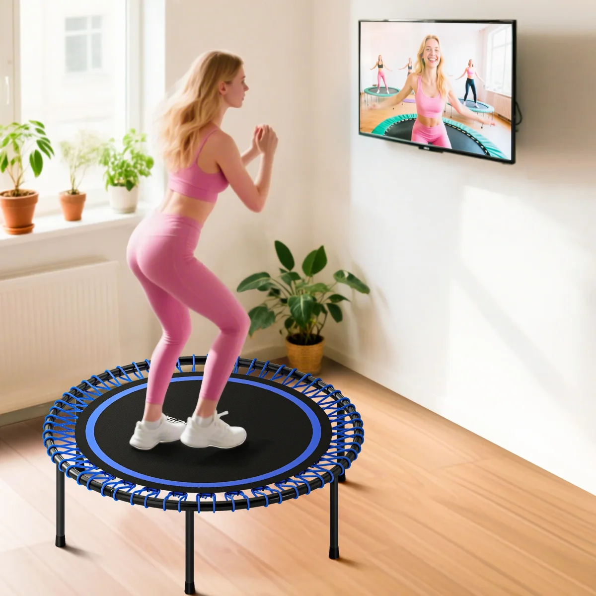 Trampolim de Fitness Adultos Ø114 cm com Estrutura de Aço Reforçada para Treino de Pernas Corpo em Casa Escritório Ginásio Azul e Preto - Image 8