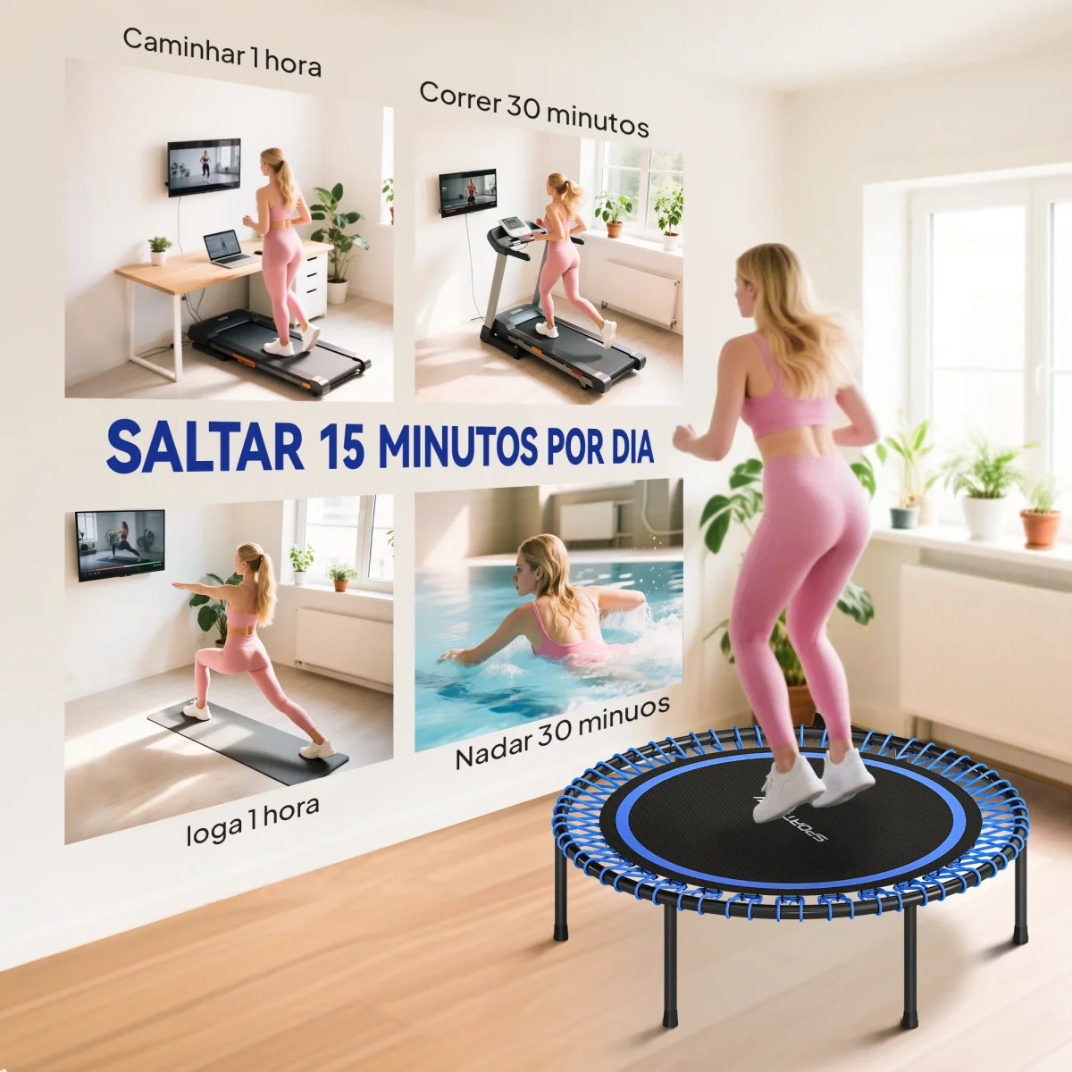 Trampolim de Fitness Adultos Ø114 cm com Estrutura de Aço Reforçada para Treino de Pernas Corpo em Casa Escritório Ginásio Azul e Preto - Image 7