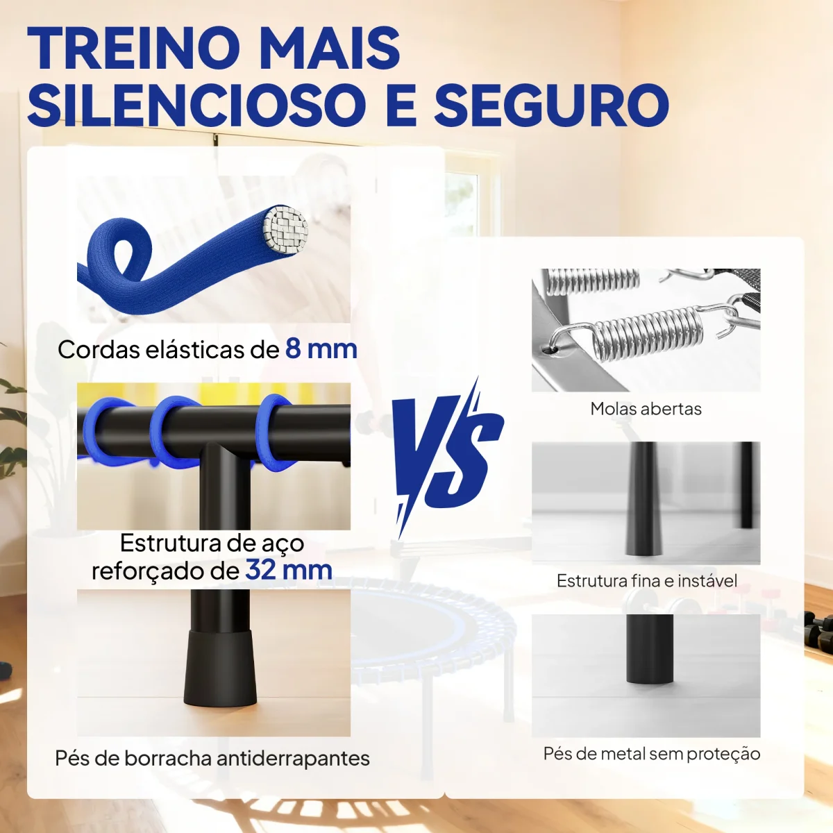 Trampolim de Fitness Adultos Ø114 cm com Estrutura de Aço Reforçada para Treino de Pernas Corpo em Casa Escritório Ginásio Azul e Preto - Image 5