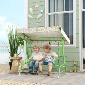 Baloiço de Jardim para Crianças acima de 3 Anos Baloiço Infantil de Exterior com 2 Lugares Toldo Ajustável Cinto de Segurança e Desenho de Borboletas 112x75x120 cm Verde