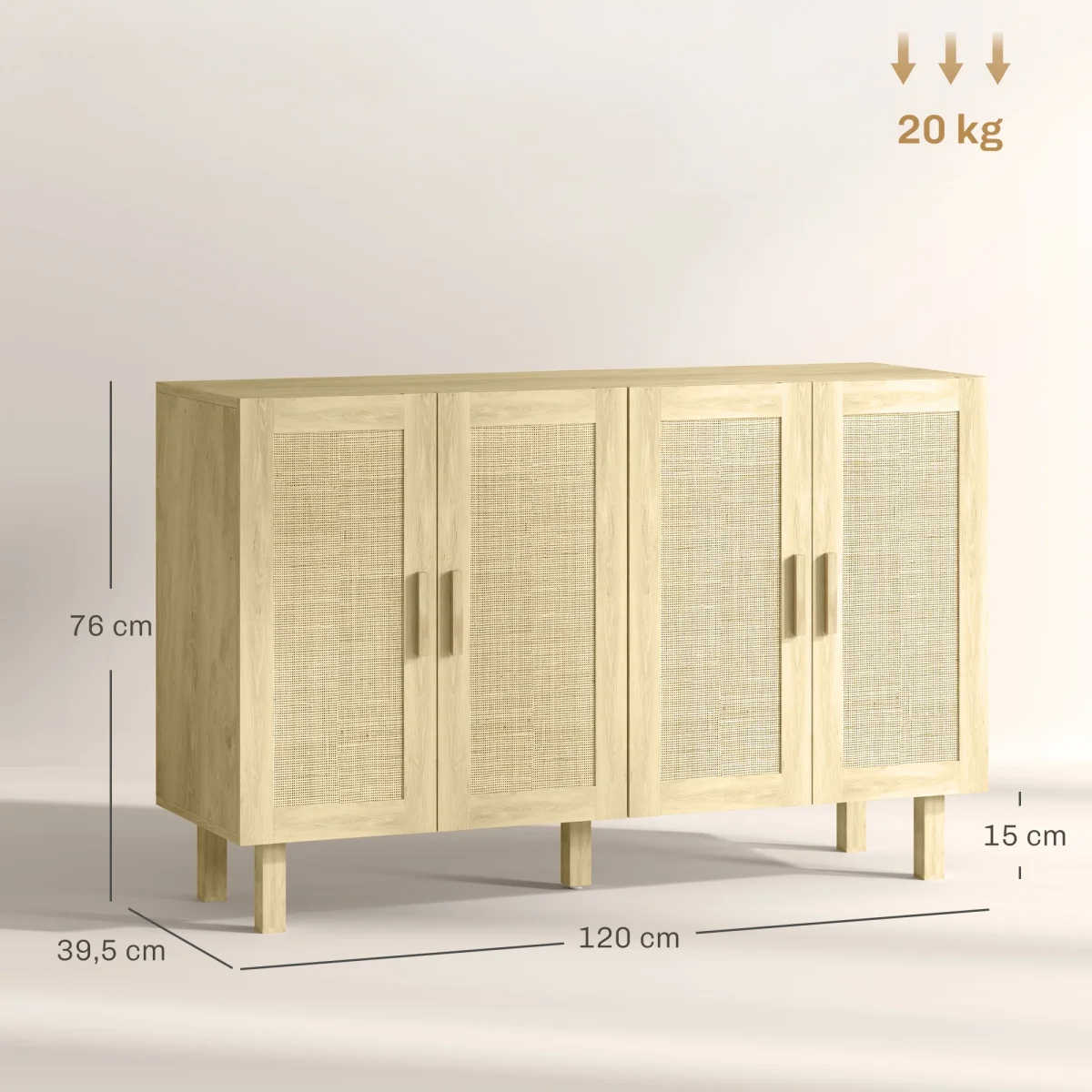 Aparador de Sala de Estar com 4 Portas com Rede em Vime e Prateleiras Ajustáveis Aparador para Cozinha Escritório Estúdio Quarto Estilo Nórdico Anti-Tombo 120x39,5x76 cm Madeira - Image 4
