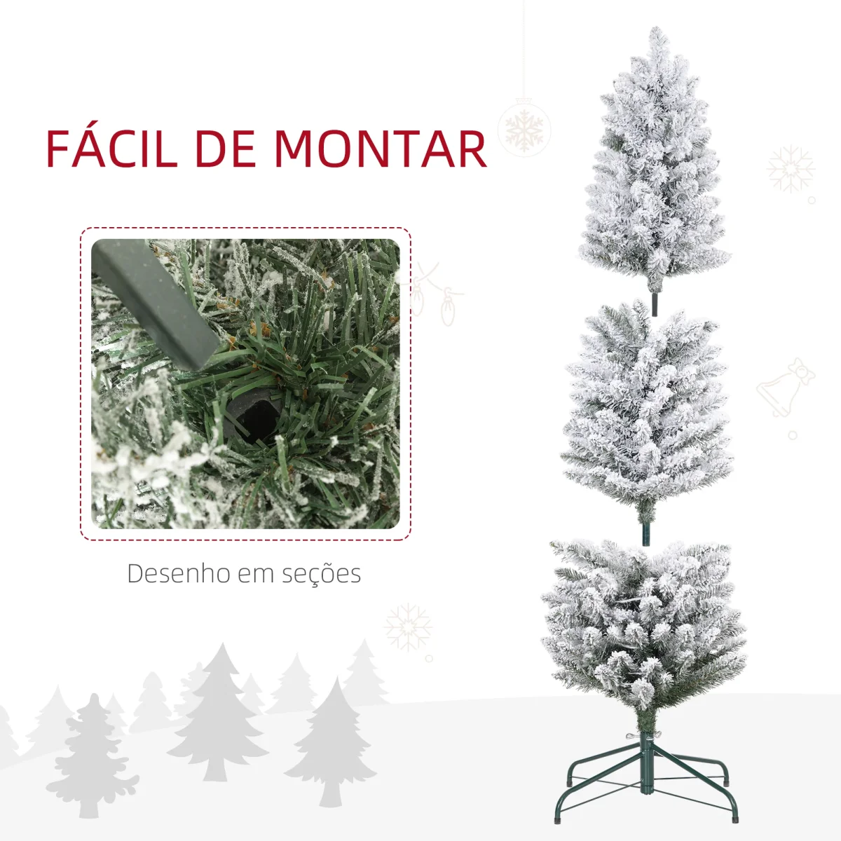 Árvore de Natal Árvore de Natal artificial nevada de 150 cm com 120 luzes LED 263 ramos e suporte metálico Árvore de Natal para sala verde e branca - Image 8