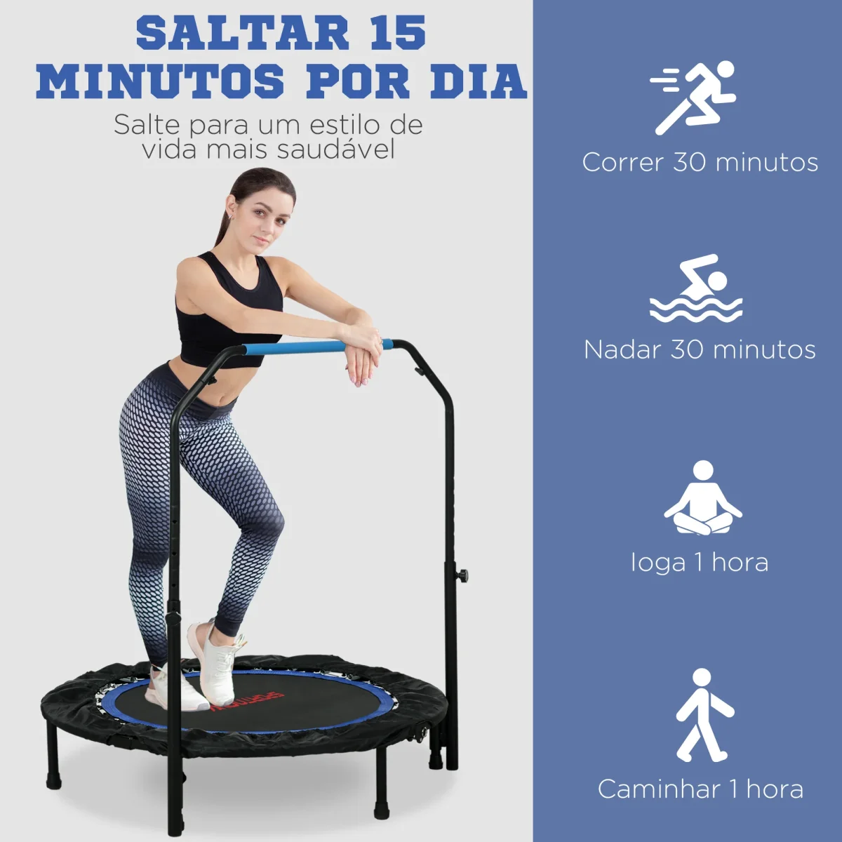 Trampolim Fitness Ø102 Trampolim Dobrável com Pega Ajustável em 4 Níveis Estrutura de Aço para Treino de Pernas Corpo em Casa Escritório Ginásio Azul - Image 8