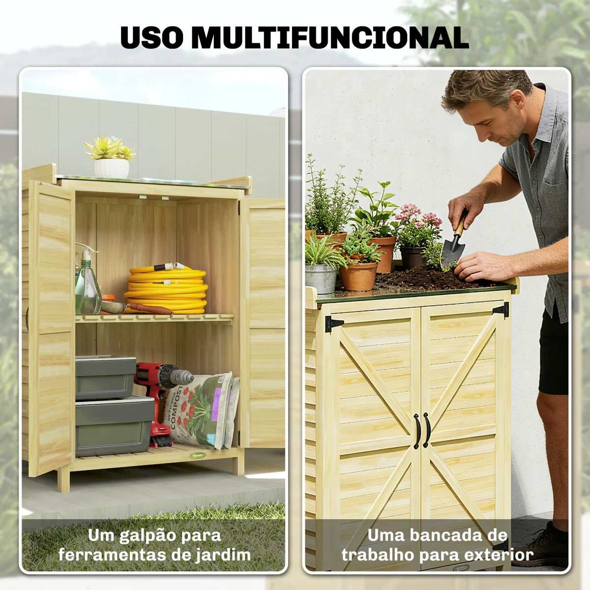Armário de Exterior em Madeira com Teto de Metal Galvanizado, Prateleiras, 2 Portas e Ganchos para Armazenamento de Ferramentas, 71,5x39x95 cm - Image 5