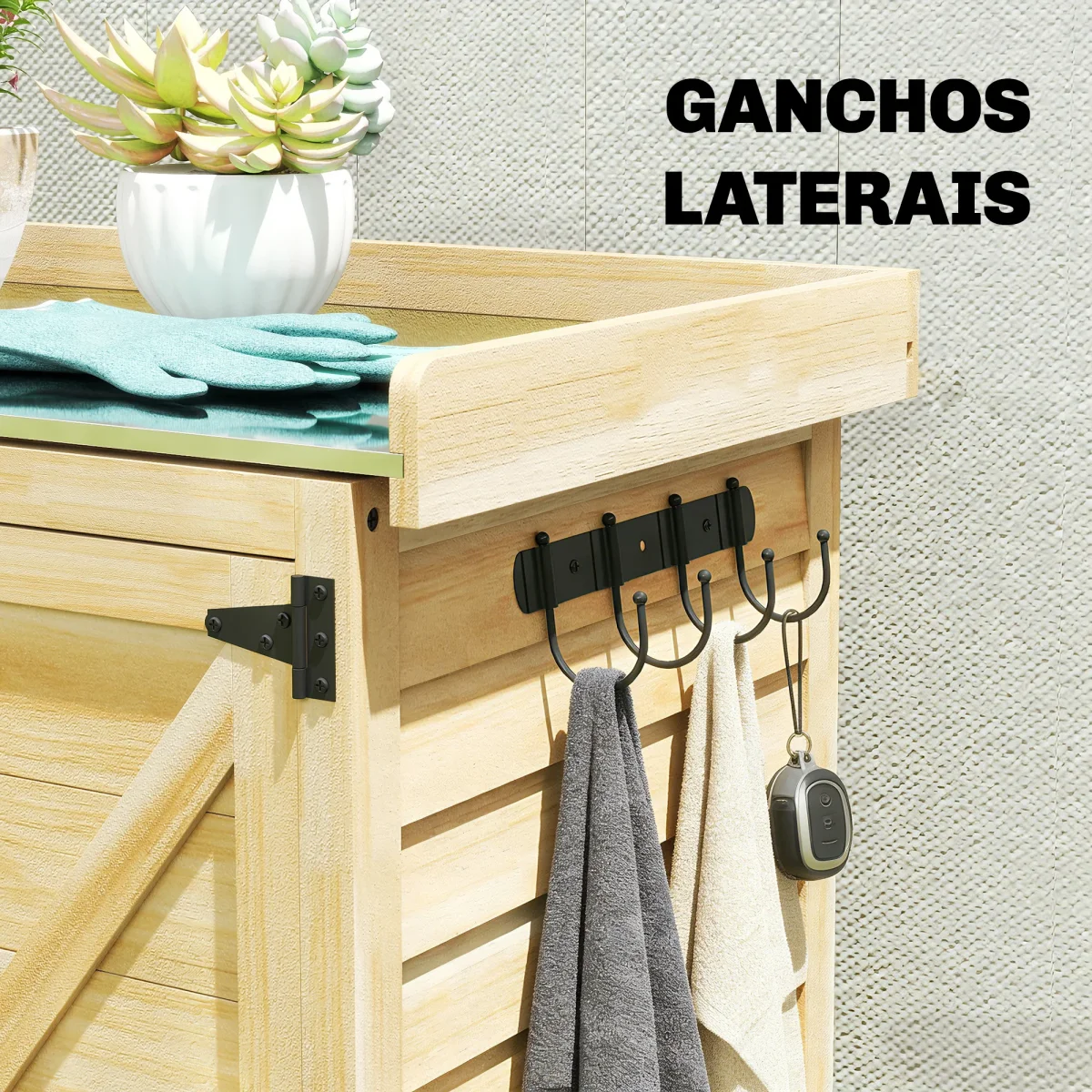 Armário de Exterior em Madeira com Teto de Metal Galvanizado, Prateleiras, 2 Portas e Ganchos para Armazenamento de Ferramentas, 71,5x39x95 cm - Image 8