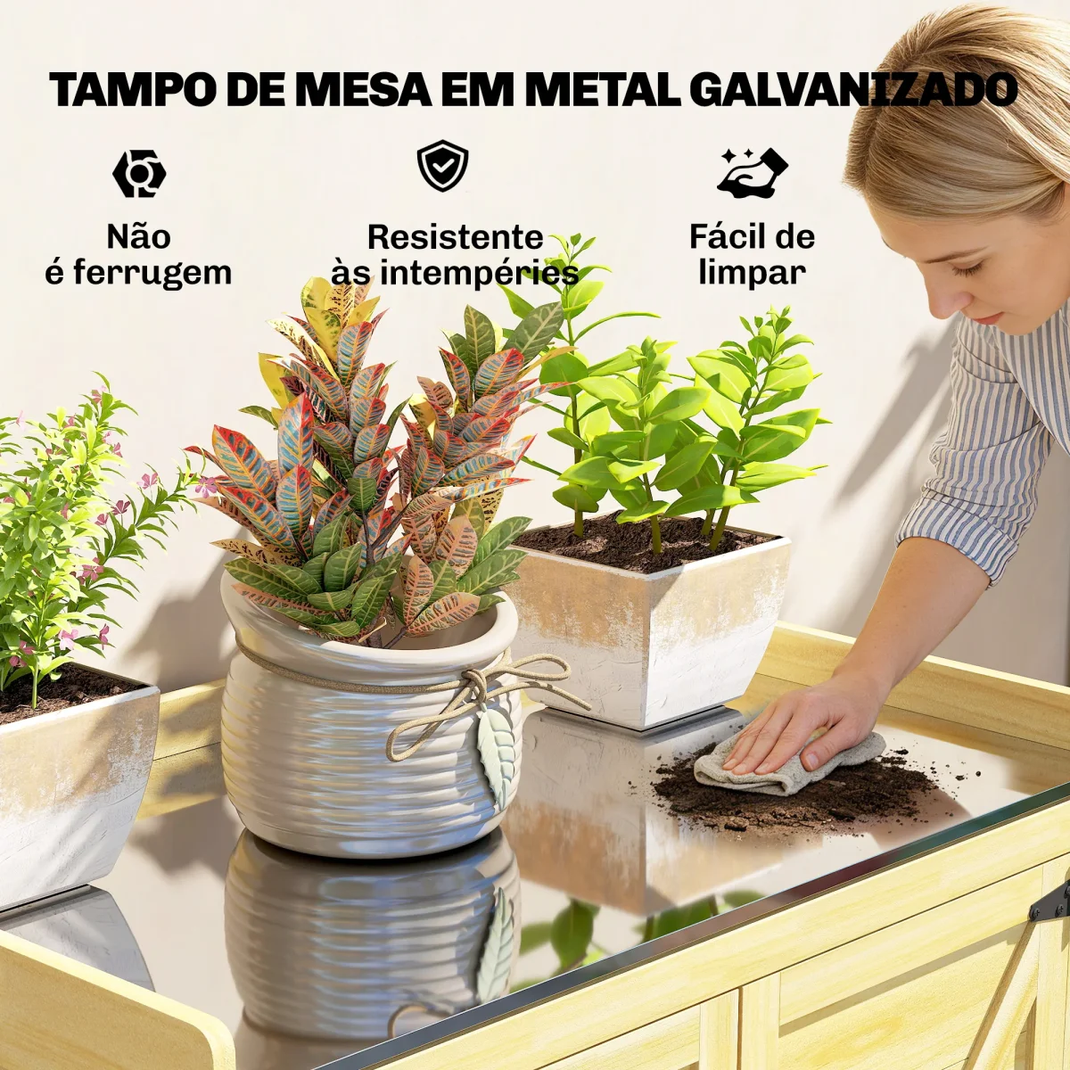Armário de Exterior em Madeira com Teto de Metal Galvanizado, Prateleiras, 2 Portas e Ganchos para Armazenamento de Ferramentas, 71,5x39x95 cm - Image 6
