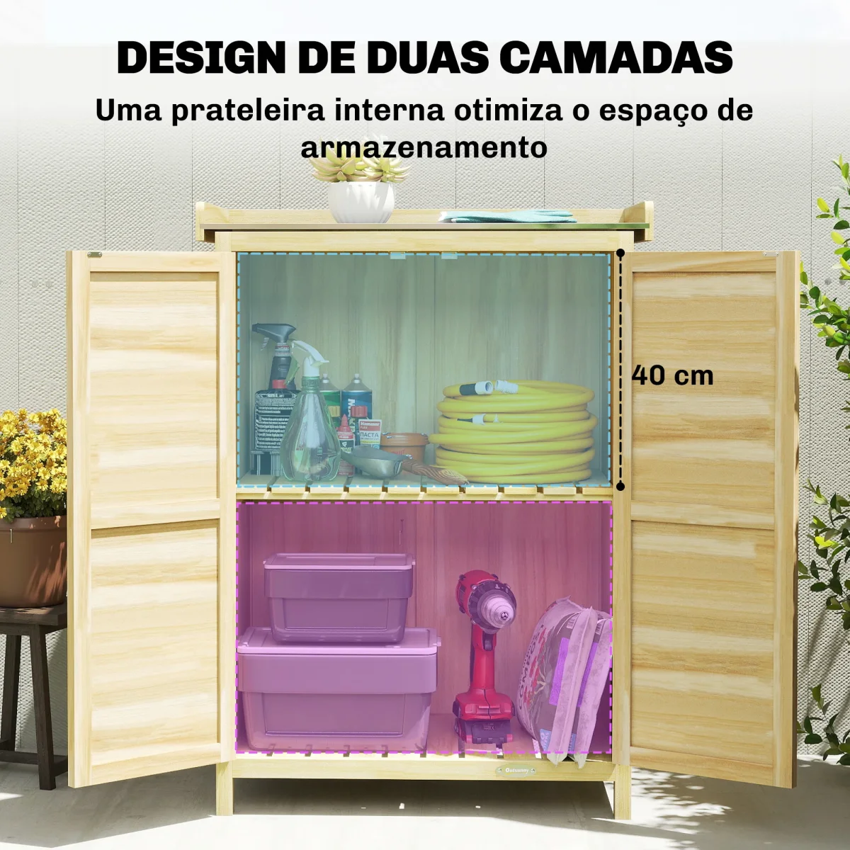 Armário de Exterior em Madeira com Teto de Metal Galvanizado, Prateleiras, 2 Portas e Ganchos para Armazenamento de Ferramentas, 71,5x39x95 cm - Image 7