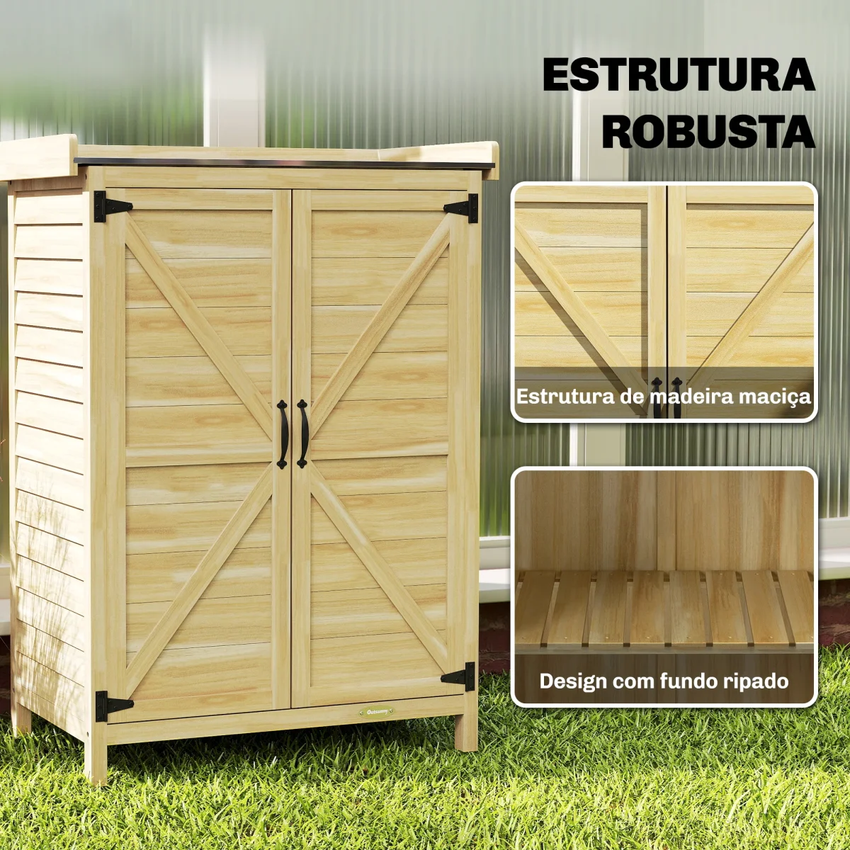 Armário de Exterior em Madeira com Teto de Metal Galvanizado, Prateleiras, 2 Portas e Ganchos para Armazenamento de Ferramentas, 71,5x39x95 cm - Image 9