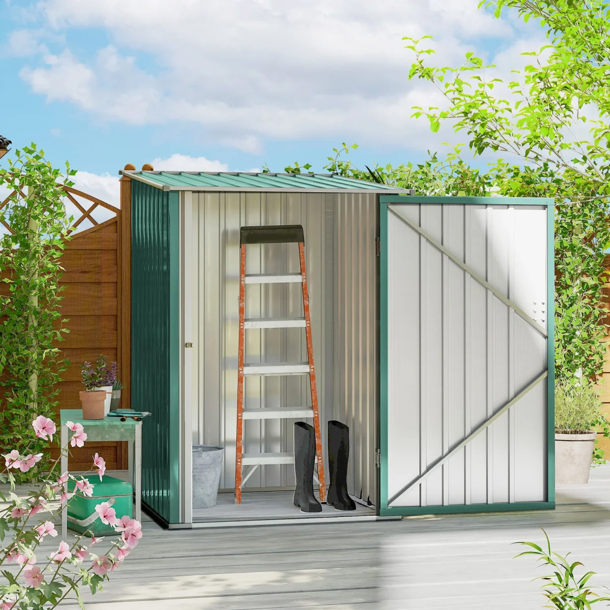 Abrigo de Jardim 0,92 m² 100x103x160cm Abrigo Exterior de Aço Galvanizado com Porta Fechadura e Teto Inclinado para Armazenamento de Ferramentas Verde - Image 2