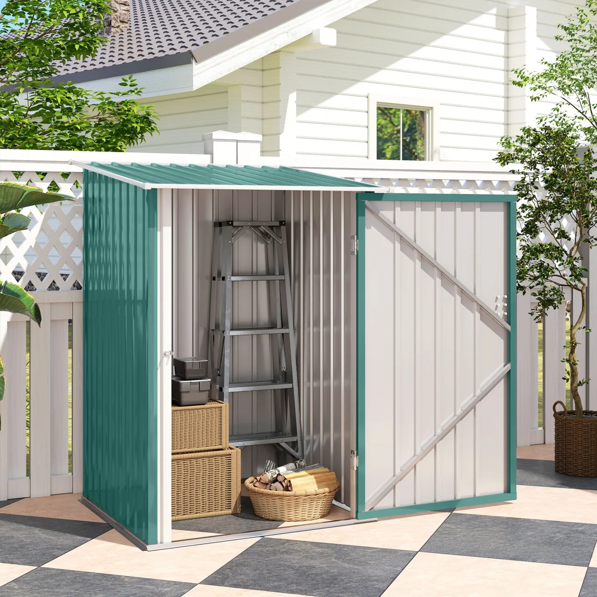 Abrigo de Jardim 0,92 m² 100x103x160cm Abrigo Exterior de Aço Galvanizado com Porta Fechadura e Teto Inclinado para Armazenamento de Ferramentas Verde - Image 8