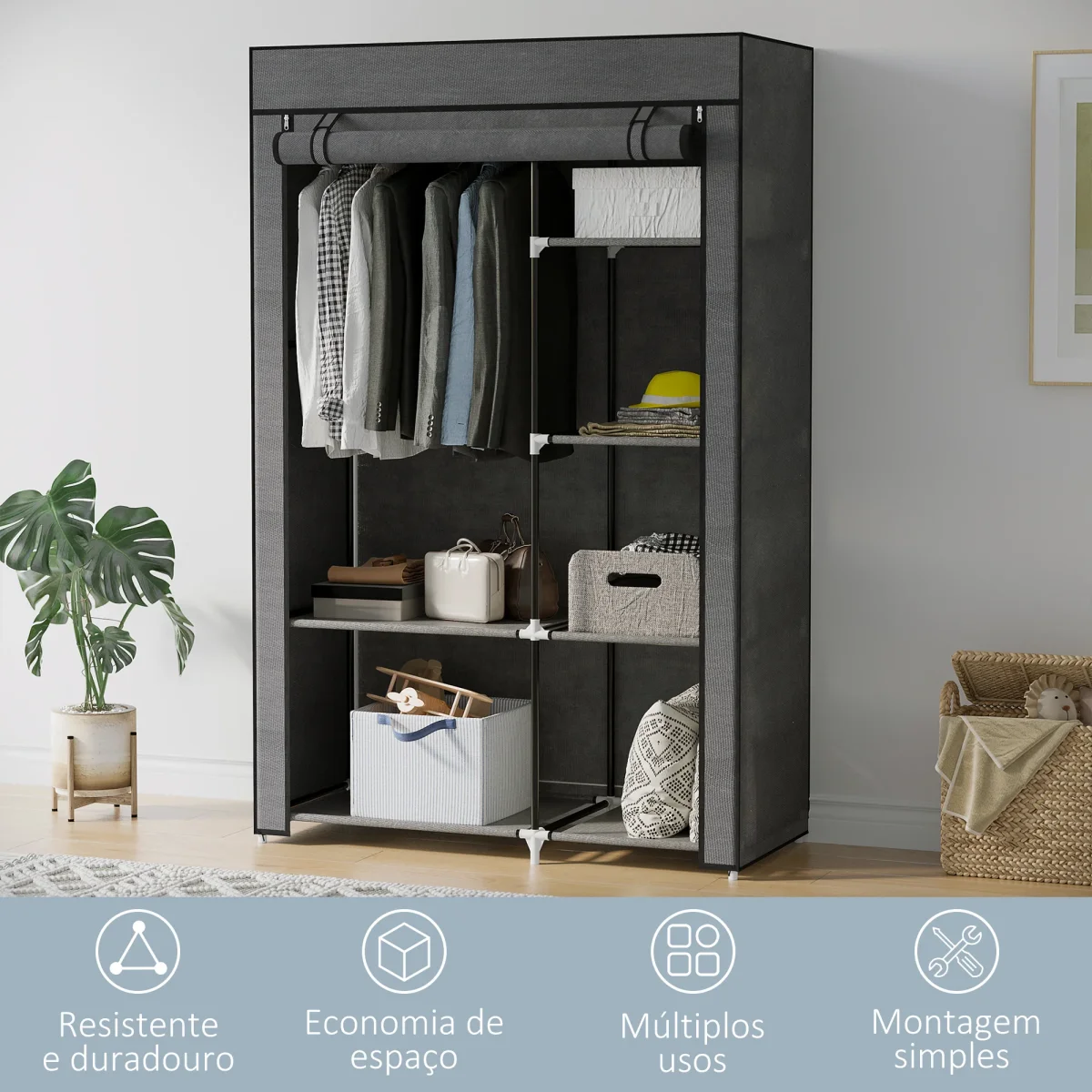 Roupeiro de Tecido Dobrável Armário de Roupa Portátil com 6 Prateleiras e 1 Barra de Pendurar para Dormitório Vestidor 103x43x162,5 cm Cinzento - Image 7