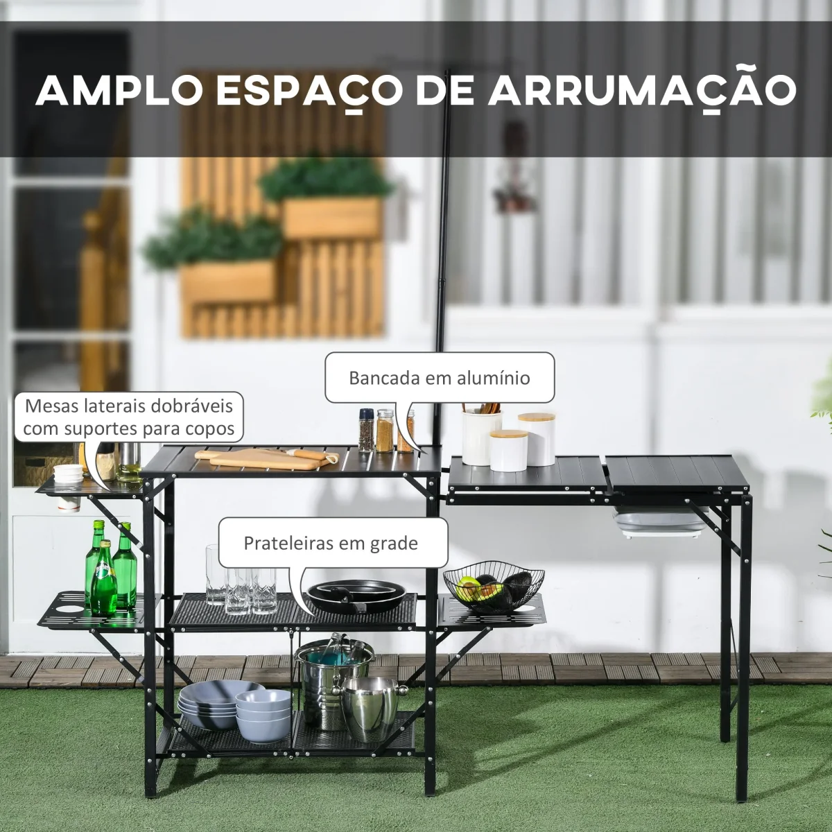 Mesa de Campismo de 3 Níveis Mesa de Campismo Dobrável Portátil com Prateleiras de Armazenamento Lava-Louça Suporte para Candeeiro e Bolsa de Transporte para Exterior 173x52x80-174 cm Preto - Image 5