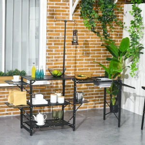 Mesa de Campismo de 3 Níveis Mesa de Campismo Dobrável Portátil com Prateleiras de Armazenamento Lava-Louça Suporte para Candeeiro e Bolsa de Transporte para Exterior 173x52x80-174 cm Preto