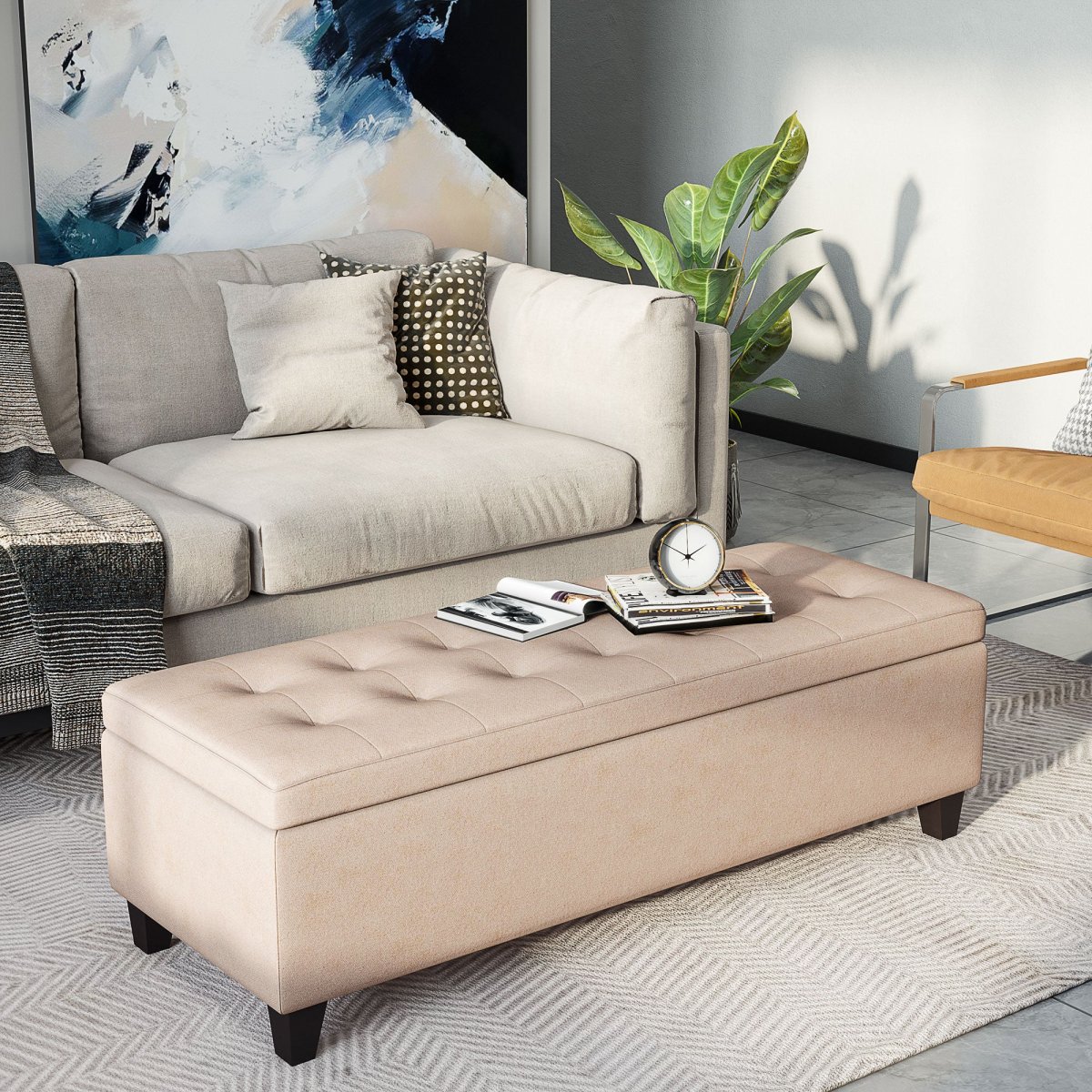 Banco de Armazenamento Acolchoado Banco Estofado em Linho Tampa com Abertura para Sala de Estar Entrada Dormitório Carga Máxima 120 kg 125x49x41,5 cm Bege