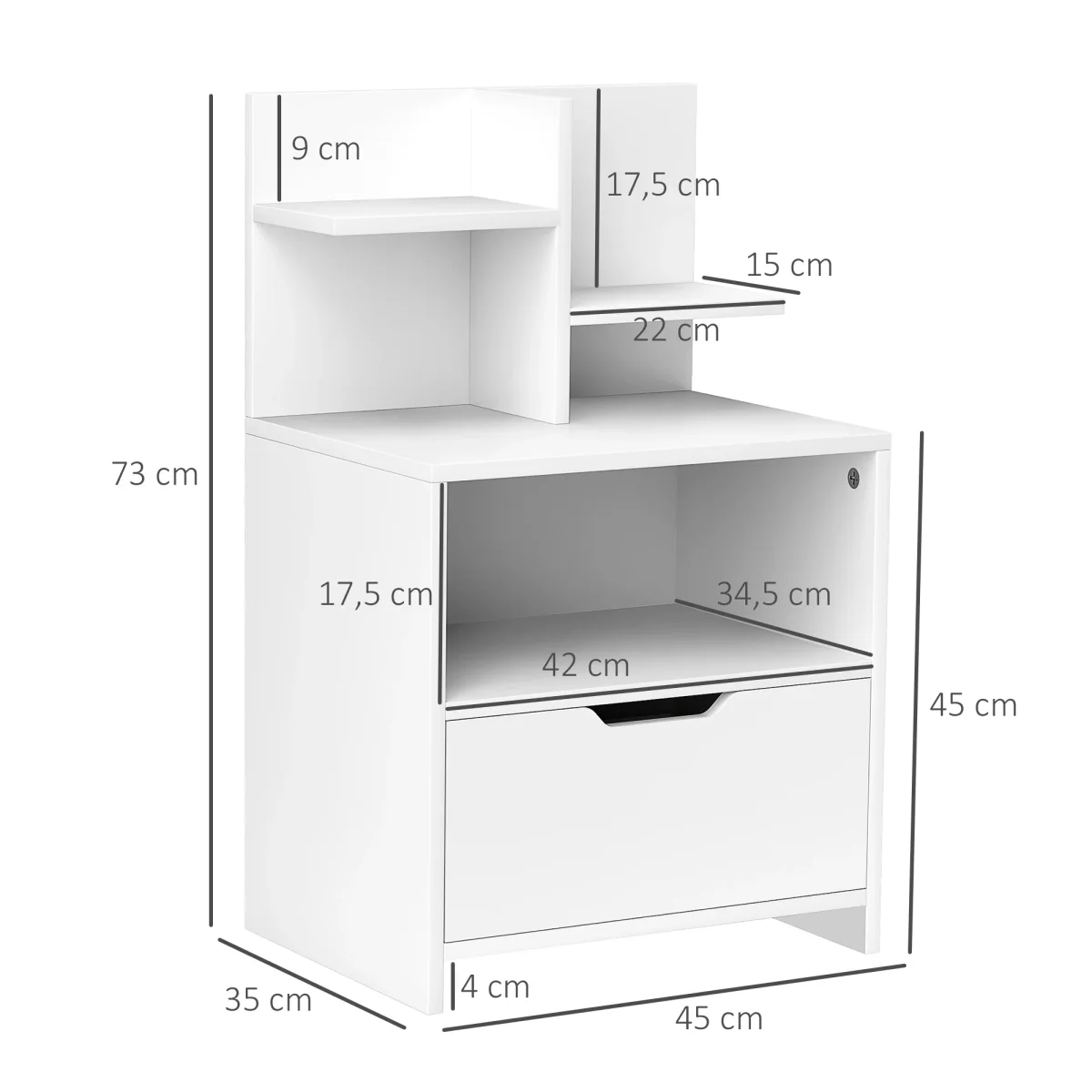 Mesa de Cabeceira de Madeira Mesa de Cabeceira Moderna com Gaveta e Prateleiras de Armazenamento Mesa Auxiliar para Sala de Estar Dormitório 45x35x73 cm Branco - Image 4