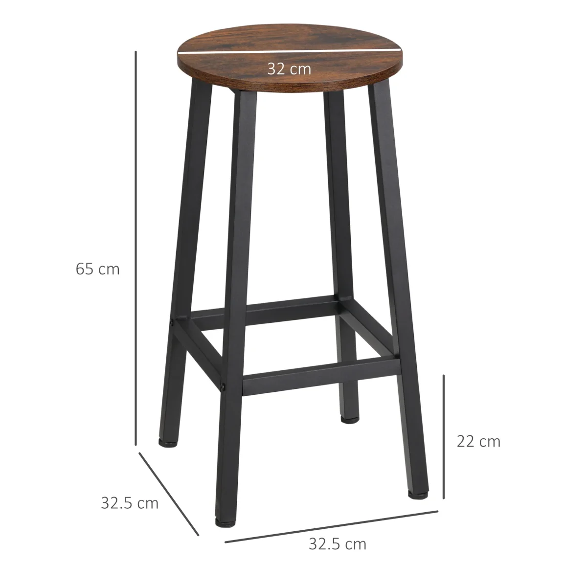 Conjunto de 2 Bancos Altos de Cozinha Bancos de Bar com Pés de Aço e Apoio para os Pés para Sala de Estar Sala de Jantar Carga 75kg 32,5x32,5x65 cm Madeira e Preto - Image 4