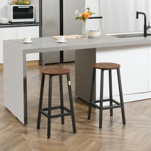 Conjunto de 2 Bancos Altos de Cozinha Bancos de Bar com Pés de Aço e Apoio para os Pés para Sala de Estar Sala de Jantar Carga 75kg 32,5x32,5x65 cm Madeira e Preto