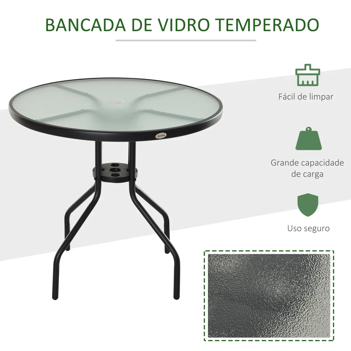 Mesa de Jardim Redonda Mesa Sala de Jantar de Cristal Temperado com Orifício para Chapéu de Sol Estrutura Metálica para Pátio Terraço Exterior Ø80x72cm Preto - Image 6