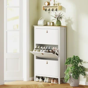 Sapateira Estreita Móvel Sapateira para Entrada com 3 Gavetas Abatíveis Prateleiras Ajustáveis e Puxadores em PU para 21 Pares de Sapatos para Corredor 80x24x131 cm Branco