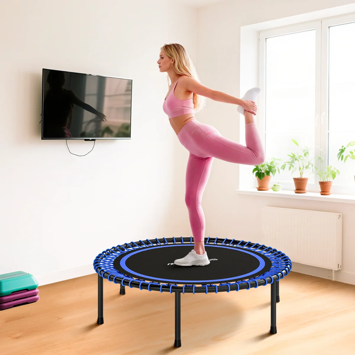 Trampolim de Fitness Adultos Ø114 cm com Estrutura de Aço Reforçada para Treino de Pernas Corpo em Casa Escritório Ginásio Azul e Preto - Image 9
