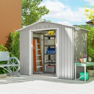 Abrigo de Jardim 2,42 m 213x130x185 cm Abrigo de Jardim Metálico de Exterior para Armazenamento de Ferramentas com 2 Portas Deslizantes e 4 Janelas para Terraço Cinza Claro
