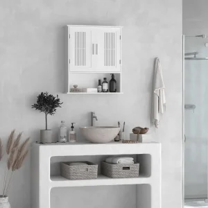 Armário de Parede para Casa de Banho Móvel Casa de Banho de Parede com Armazenamento 2 Portas em Ripas Prateleira Ajustável e Compartimento 60x20x70 cm Branco