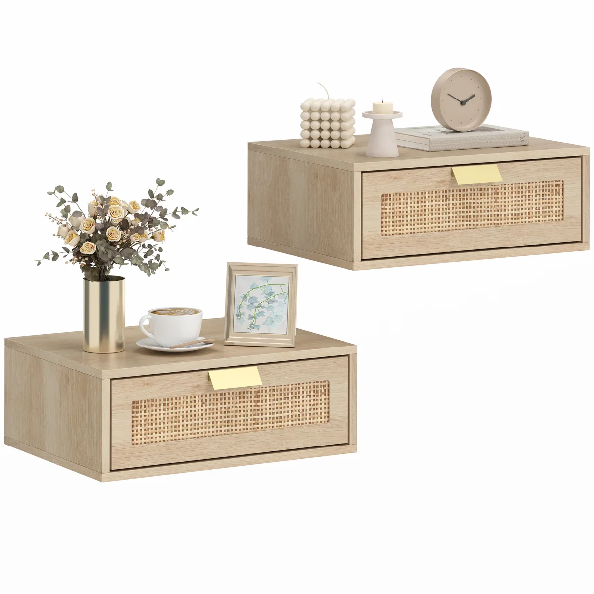 Conjunto de 2 Mesas de Cabeceira Flutuantes Mesas de Cabeceira com Gaveta de Vime Poupa Espaço Design Moderno para Quarto 40x30x15 cm Carvalho - Image 3
