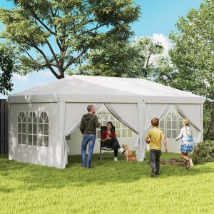 Tenda para Festas 585x295x270 cm com Paredes Laterais Amovíveis Tenda Dobrável com 2 Portas com Fecho de Correr 4 Janelas e Bolsa de Transporte Branco
