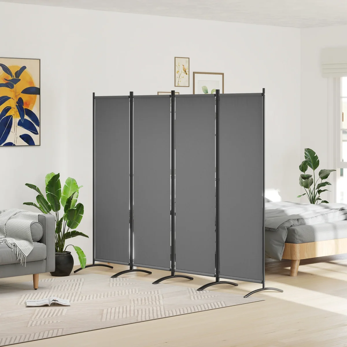 Biombo Separador de Ambientes de 4 Painéis Biombo Dobrável 221x172 cm com Pés Largos Biombo Exterior para Terraço Pátio Jardim Cinza Escuro - Image 2