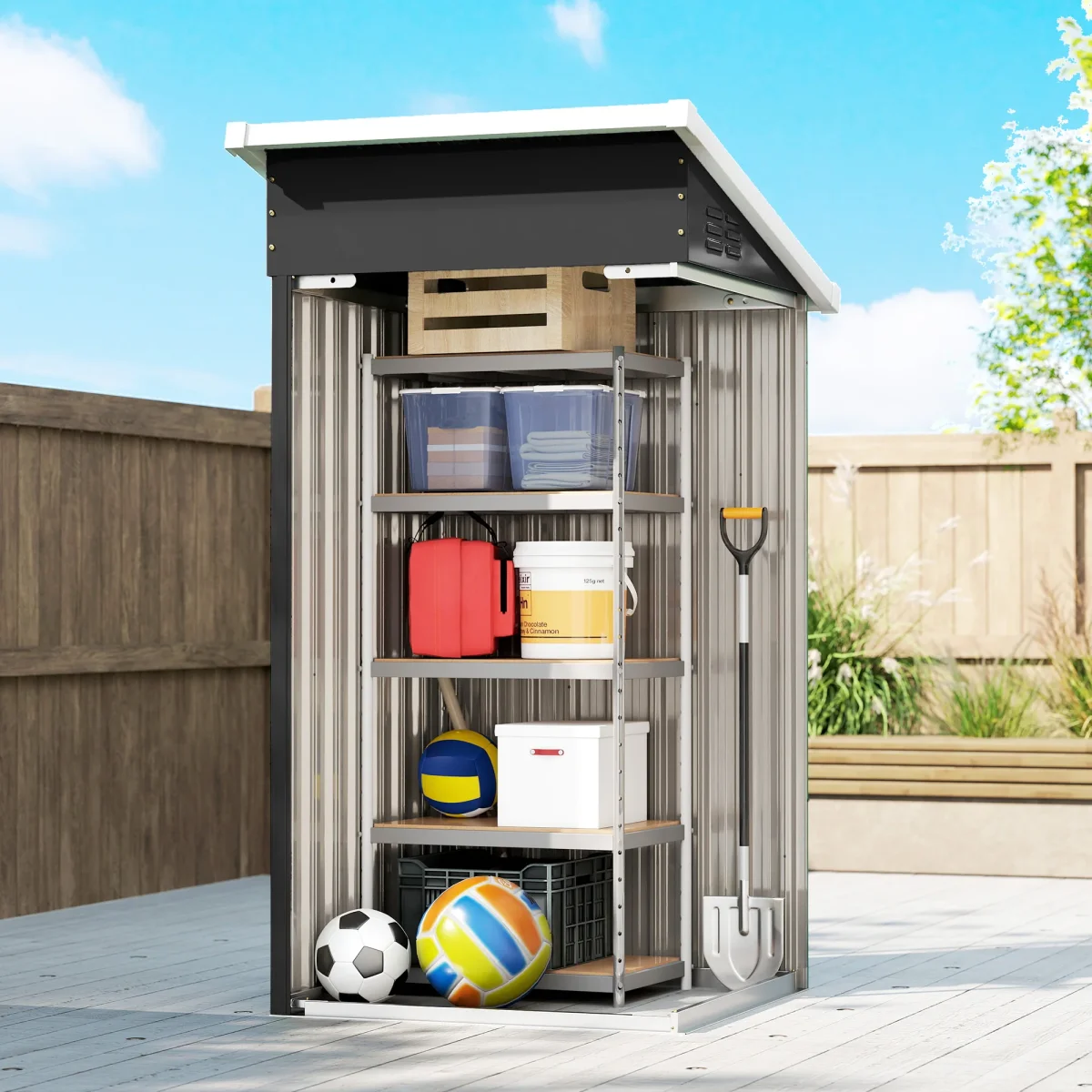 Abrigo Exterior Metálico 107,5x91x185 cm Abrigo de Jardim com Teto Inclinado Porta com Trinco Ventilação e Luvas Abrigo de Armazenamento para Ferramentas Cinza Escuro - Image 9