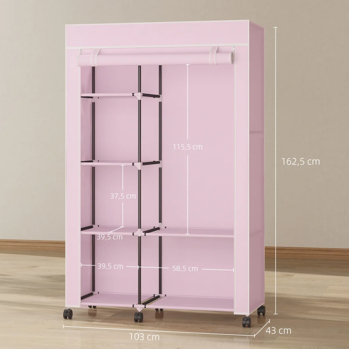 Roupeiro de Tecido Dobrável Armário de Roupa Portátil com 6 Prateleiras 1 Barra de Pendurar e Rodas para Dormitório Vestidor 103x43x162,5 cm Rosa - Image 4