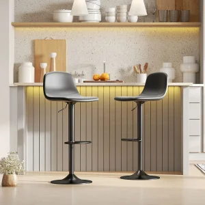 Conjunto de 2 Bancos de Bar Bancos Altos de Cozinha Reguláveis em Altura 84-104 cm com Encosto e Apoio para os Pés Estofadas em PU Giratórias em 360° para Sala de Jantar Varanda Preto
