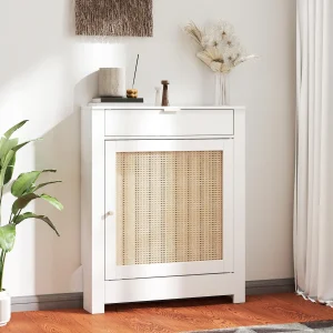 Cobertura para Radiador com Porta Rebatível e Vime Proteção Radiador de MDF 78x19x95,5 cm com Compartimento Desenho Boémio para Sala Quarto Branco