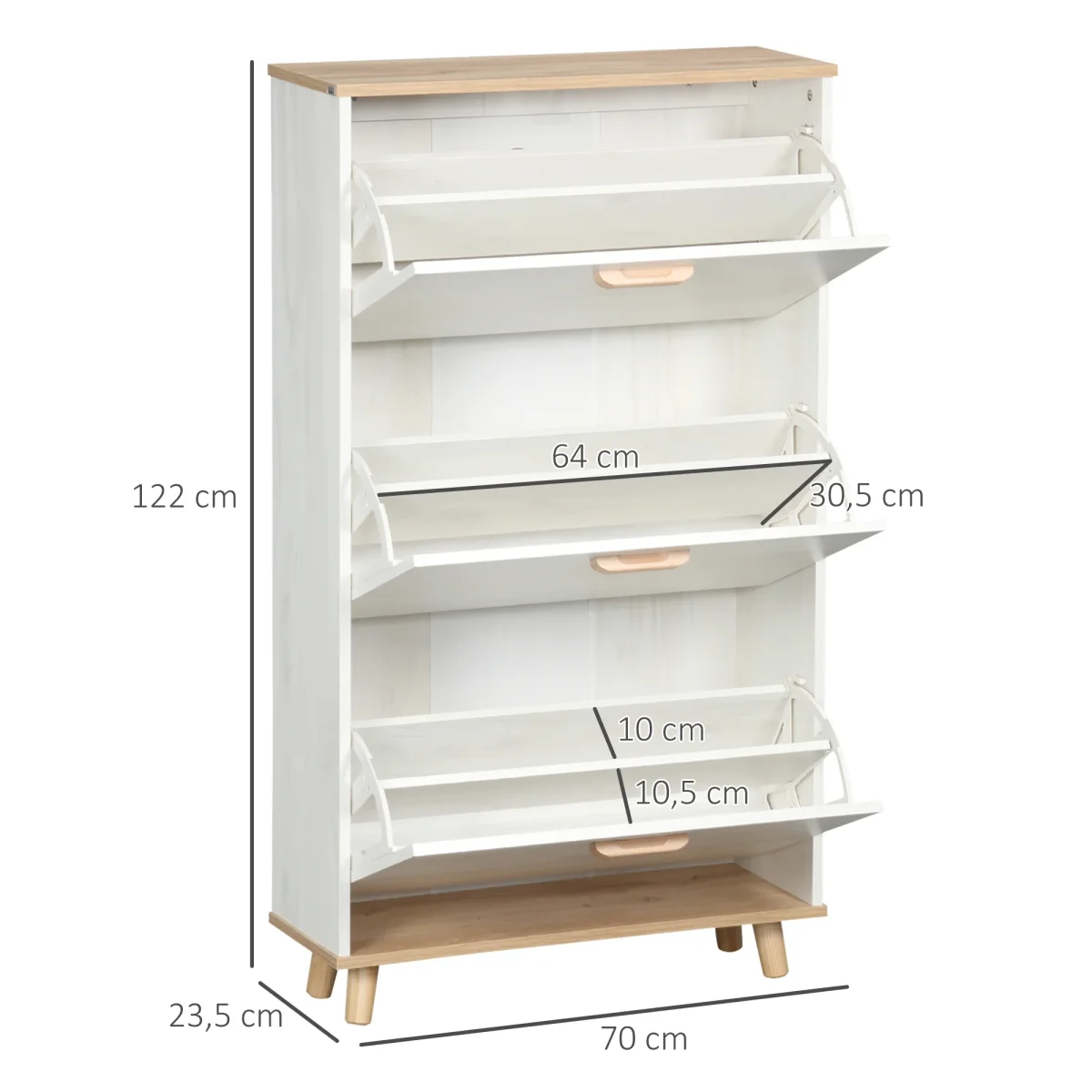 Sapateira Moderna Armário para Sapatos com 3 Gavetas Abatíveis para 12 Pares de Sapatos e Prateleira Ajustável para Corredor Entrada 70x23,5x122cm Branco e Madeira - Image 4