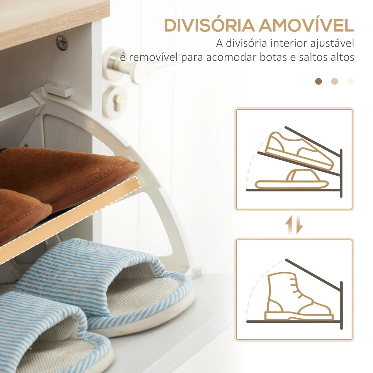 Sapateira Moderna Armário para Sapatos com 3 Gavetas Abatíveis para 12 Pares de Sapatos e Prateleira Ajustável para Corredor Entrada 70x23,5x122cm Branco e Madeira - Image 7