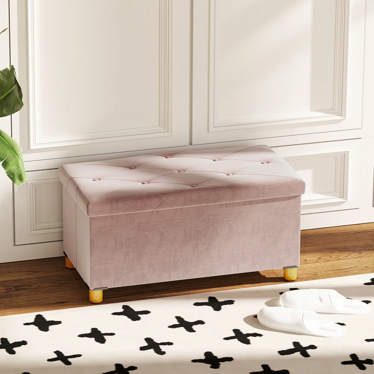 Banco de Armazenamento Dobrável Puff de Armazenamento Capacidade de 67 L Estofado em Veludo Baú de Armazenamento Quarto Carga 120 kg para Sala de Estar Entrada 76x38x38 cm Rosa Claro