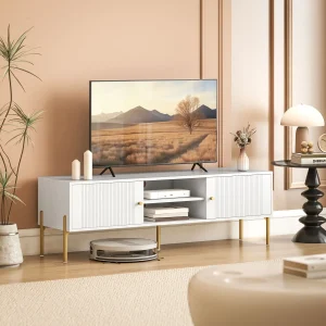 Móvel de TV Moderno de 2 Portas Móvel de TV para Sala com 2 Prateleiras Abertas Ajustáveis Orifícios para Cabos Pernas de Aço para Televisão 65 Polegadas 140x38x45,9 cm Branco