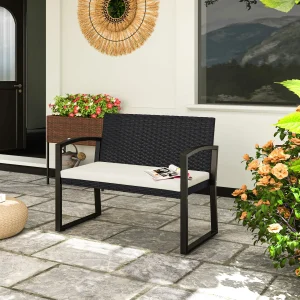 Banco de Jardim em Vime Sintético de 2 Lugares Banco de Exterior com Almofada Apoio para os Braços Carga 240 kg para Varanda Pátio 103x58x78 cm Preto e Bege