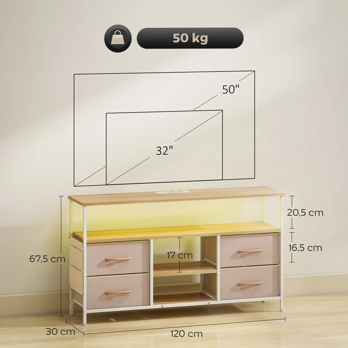 Móvel de TV com Luz LED Móvel de TV para Sala com Tomadas Portas USB Prateleiras Abertas 4 Gavetas de Tecido e Bolso para Televisão até 50 Polegadas 120x30x67,5 cm Bege e Madeira - Image 4