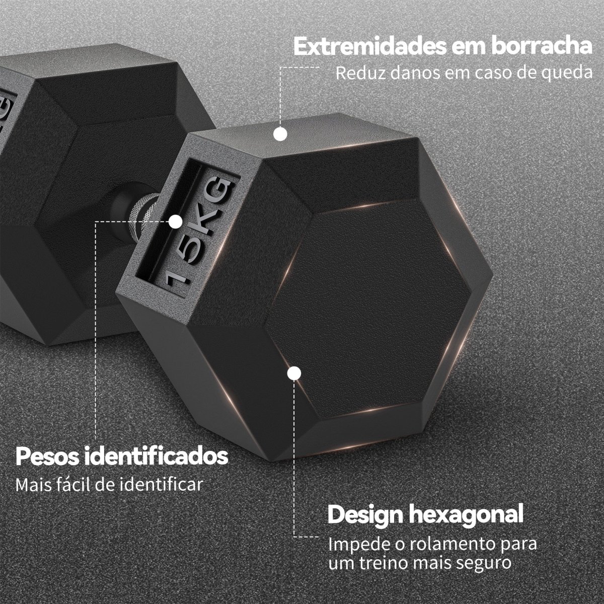Haltere Hexagonal 15 kg Haltere com Barra de Conexão Metálica para treino em Casa Ginásio Escritório Preto e Prata - Image 5