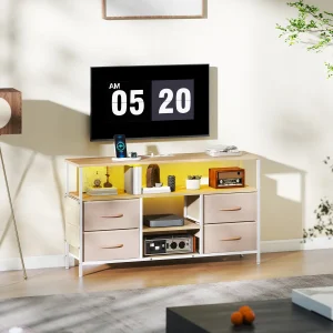 Móvel de TV com Luz LED Móvel de TV para Sala com Tomadas Portas USB Prateleiras Abertas 4 Gavetas de Tecido e Bolso para Televisão até 50 Polegadas 120x30x67,5 cm Bege e Madeira