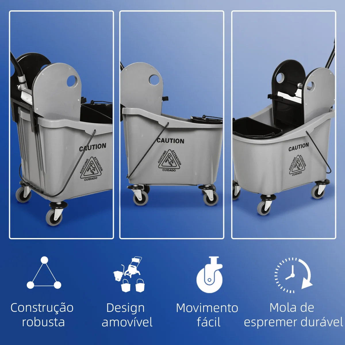 Balde de Esfregona Comercial Balde de Esfregona com Espremedor de Pressão para Baixo Capacidade 36L com 4 Rodas Silenciosas 2 Cubetas Separadas 54x41x91,5 cm Cinza - Image 8